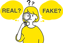 虫眼鏡を覗き込み、情報の真偽を慎重に判断しようとする女性